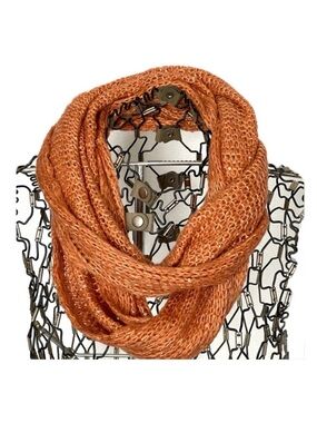 Infinity loop knit scarf, orange, sequins, crocheted yarn